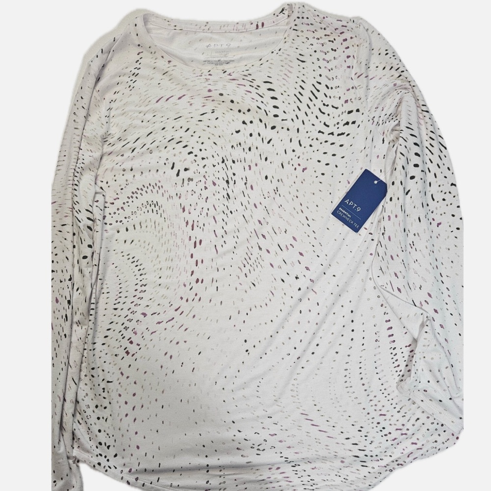 Apt. 9 Shirt Womens Large White Polka Dot‎ Long Sleeve Crewneck Soft Tee Top